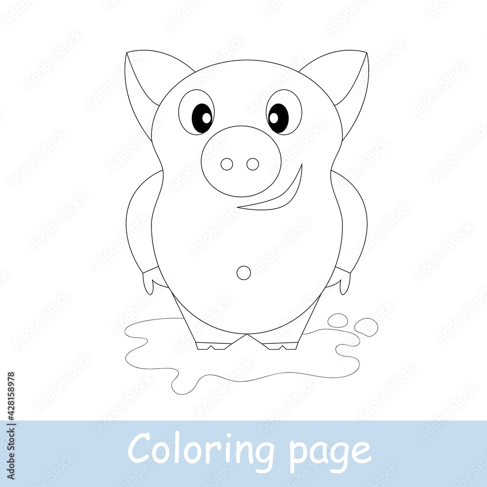 Fototapeta premium Cute cartoon piggy coloring page. Learn to draw animals. Vector line art, hand drawing. Coloring book for children. Print for a t-shirt, label or sticker