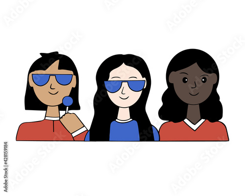 A group of teenagers spend time together. People of different nationalities and color of skin. Friends walk together, listen to music, take pictures, talk on the phone. Vector cartoon