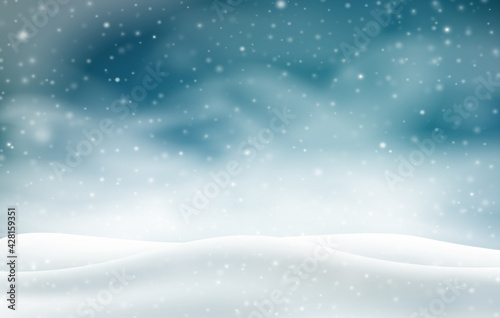 Winter 3D landscape with snowstorm at night. Realistic white snowfall. Vector illustration. © GraffiTimi
