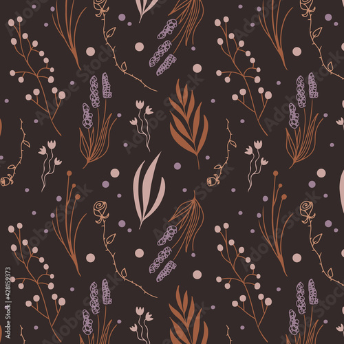 Hand drawn seamless pattern with plants and herbs on a dark brown background