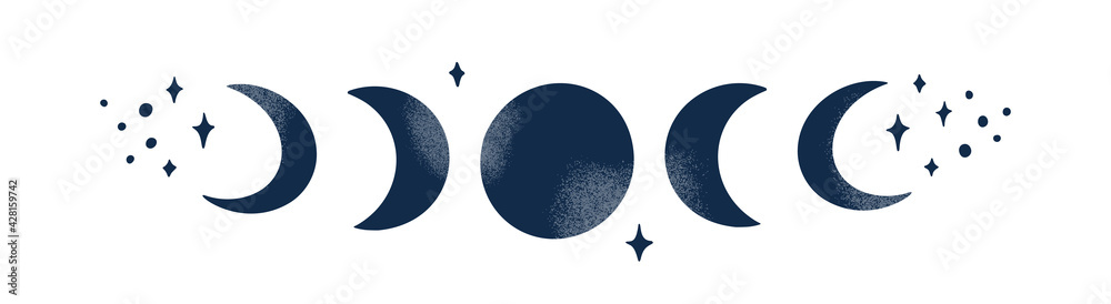 Vector moon phase illustration. Abstract modern design with crescent moon and stars. Celestial mystic concept with grunge texture isolated on white background. Aesthetic boho gorizontal poster.