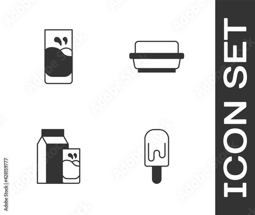 Set Ice cream, Glass with milk, Paper package for kefir and Butter in butter dish icon. Vector