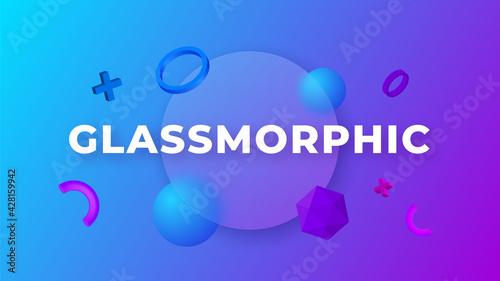 Glassmorphism concept with 3d geometric shapes. Frosted glass effect. Illustration on blurred gradient vector background