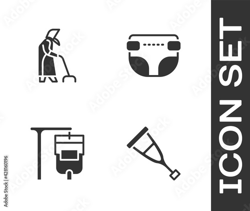 Set Crutch or crutches, Grandmother, IV bag and Adult diaper icon. Vector