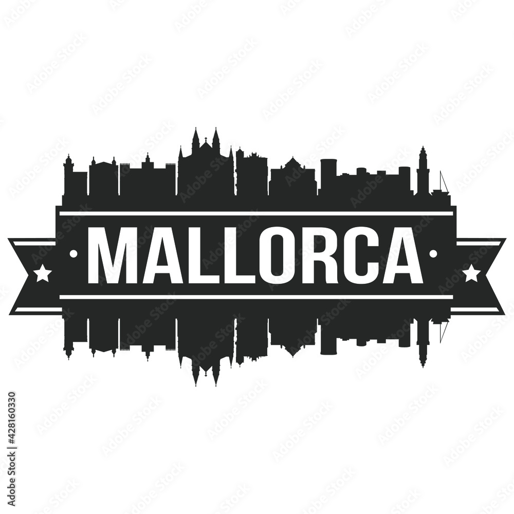Mallorca Spain Balearic Uslands. Skyline Banner Vector Design Silhouette Art Stencil Illustration.