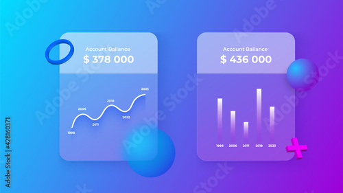 Glassmorphism infographics charts concept with 3d geometric shapes. Frosted glass effect. Illustration on blurred gradient vector background