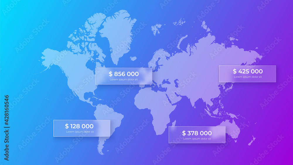 Glassmorphism world map concept. Frosted glass effect. Illustration on blurred gradient vector background