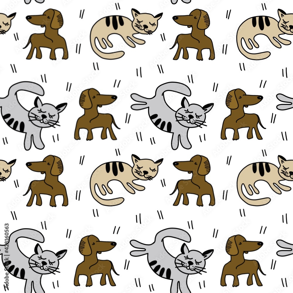Obraz premium Cute cats and dog illustration for baby clothes, label, banner. Cartoon flat drawing for cat lovers. Playful and slipping kittens in a seamless pattern