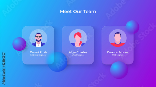Glassmorphism our team concept with 3d geometric shapes. Frosted glass effect. Illustration on blurred gradient vector background