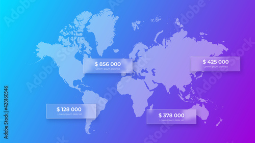 Fototapeta Naklejka Na Ścianę i Meble -  Glassmorphism world map concept. Frosted glass effect. Illustration on blurred gradient vector background