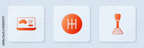 Set Gear shifter, Diagnostics condition of car and . White square button. Vector