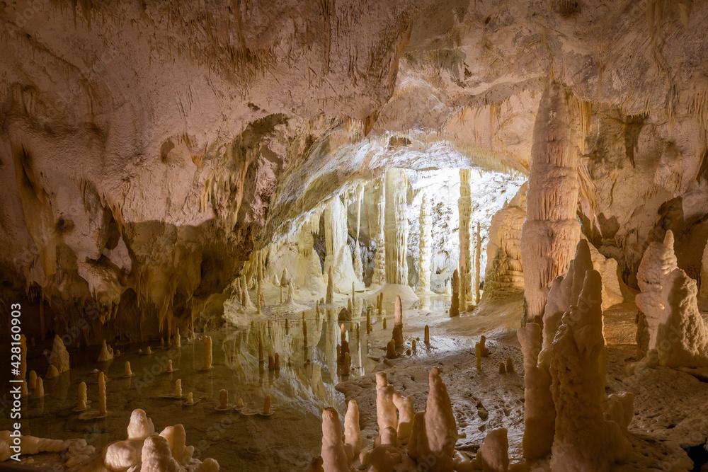 Stalactites and stalagmites in the famous caves of Italy Grotte di Frasassi. Marche, Italy