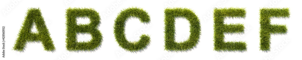 Green grass characters A B C D E F isolated on white with shadows. See the other images for the other letters. - obrazy, fototapety, plakaty 