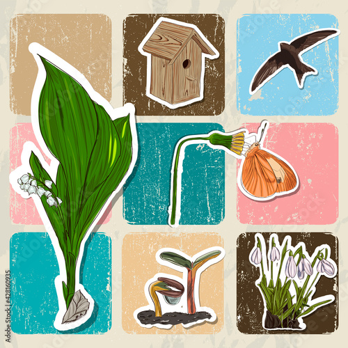 Poster with spring elements flowers, birds.