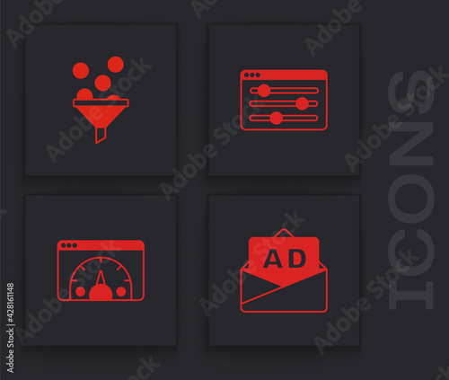 Set Advertising, Lead management, Browser setting and Website statistic icon. Vector