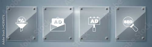 Set SEO optimization, Advertising, and Lead management. Square glass panels. Vector