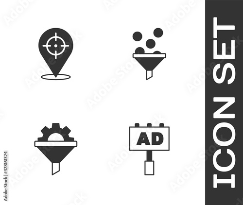 Set Advertising, Target, Sales funnel with gear and Lead management icon. Vector