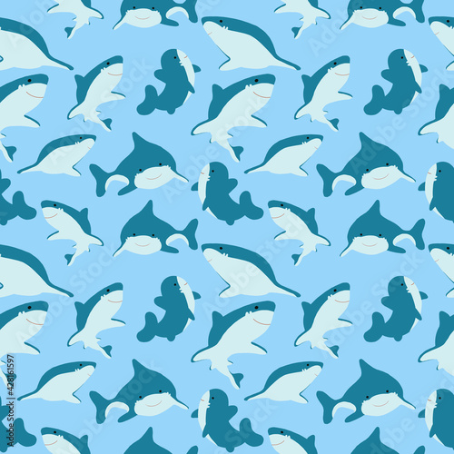 Pattern background cute animal with Shark blue color vector illustration.
