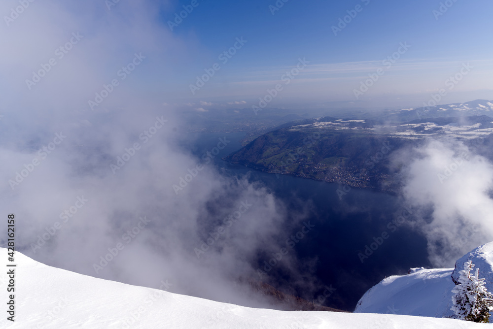 View from mount Rigi to the Swiss midlands with lake Zug. Photo taken April 14th, 2021, Rigi Kulm, Switzerland.