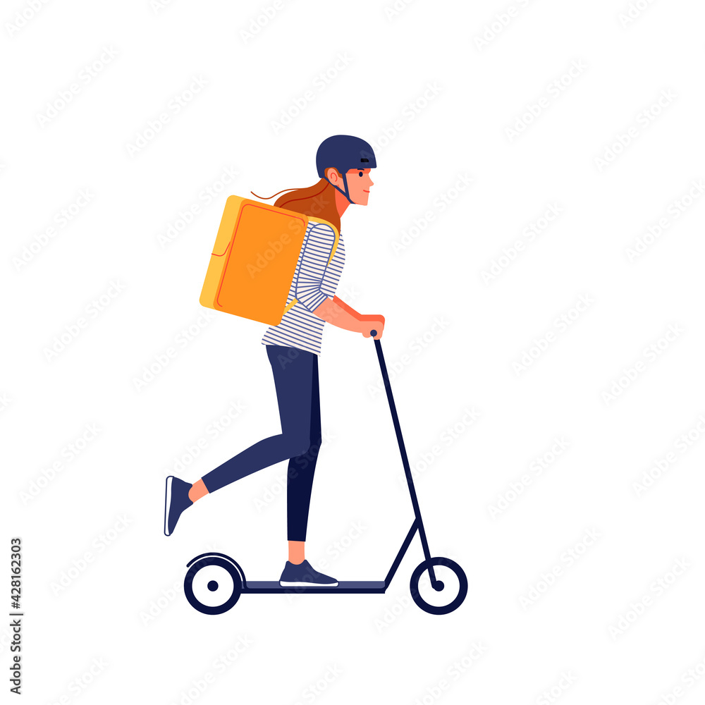 Young delivery woman in helmet with thermo bag or backpack riding a scooter along the city, delivering food. Courier, delivery service concept. Cartoon flat style vector illustration isolated. Young delivery woman in helmet with thermo bag or backpack riding a scooter along the city, delivering food. Courier, delivery service concept. Cartoon flat style vector illustration isolated.
