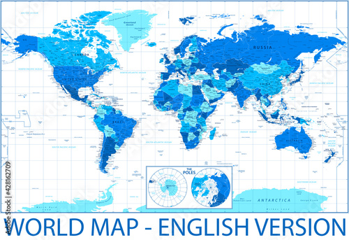 World Map and Poles - Political - Blue and White Color - Vector Detailed Illustration