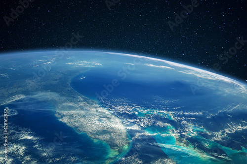 Fototapeta Naklejka Na Ścianę i Meble -  Blue planet earth with ocean and continents in open space on the starry sky