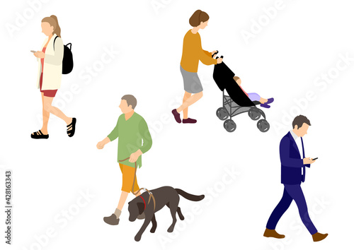 Illustrations of people passing through the city (white background, vector, cut out)