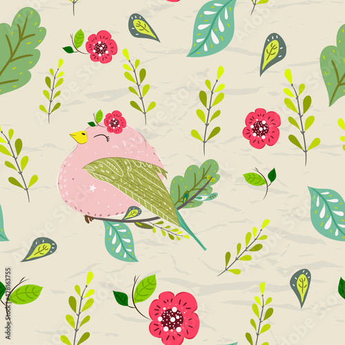 Seamless pastel pattern of birds with floral elements on crumpled paper background. Vector illustration