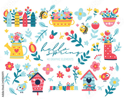Cute vector spring floral clipart with bird house, flowers, plants, branches, berries, leaves, garden, bird, bee