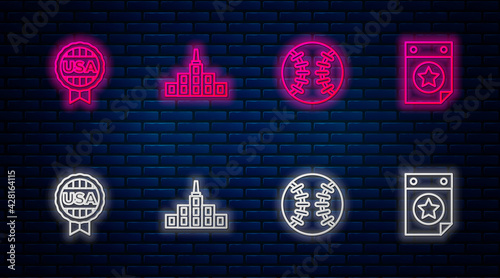 Set line City landscape, Baseball ball, Medal with star and Calendar date July 4. Glowing neon icon on brick wall. Vector