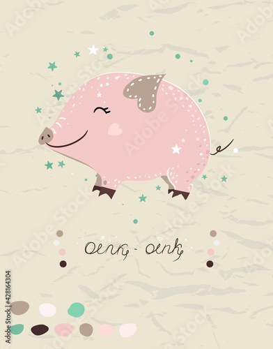 Poster with cute mini pig in pastel colors. Vector illustration.