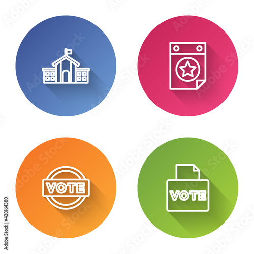 Set line United States Capitol Congress, Calendar with date July 4, Vote and box. Color circle button. Vector
