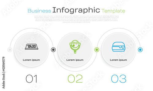 Set line Taxi car roof, Tourist binoculars and Burger. Business infographic template. Vector