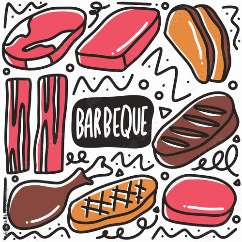 hand drawn barbeque meat doodle set