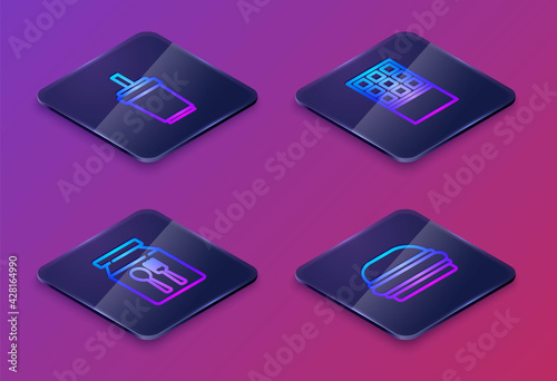 Set Isometric line Paper glass with straw, Online ordering and delivery, Chocolate bar and Burger. Blue square button. Vector