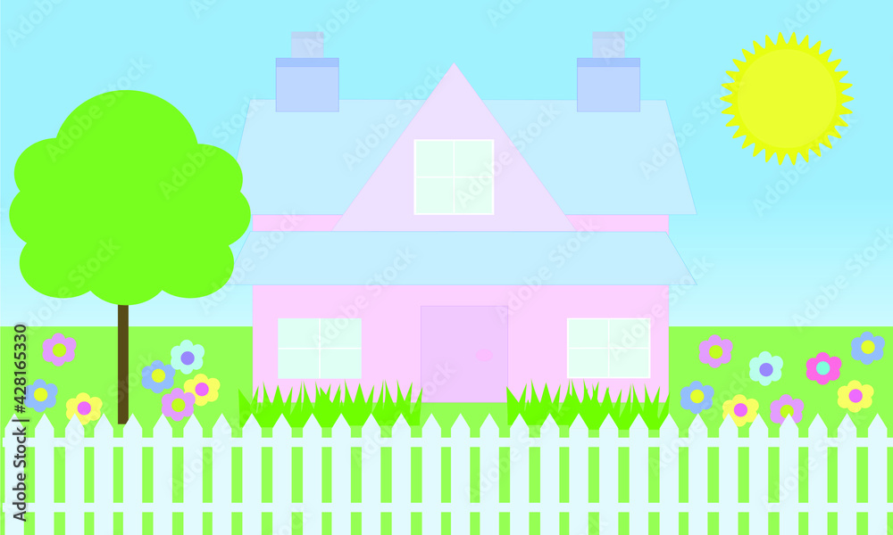 Blue pink purple pastel color colorful bright cartoon dream house barbie  house isolated. American dream home with picket fence and lawn garden  meadow field of flowers Stock Vector | Adobe Stock