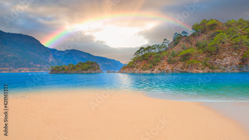 Oludeniz Beach And Blue Lagoon with rainbow - Oludeniz beach is best beaches in Turkey - Fethiye, Turkey