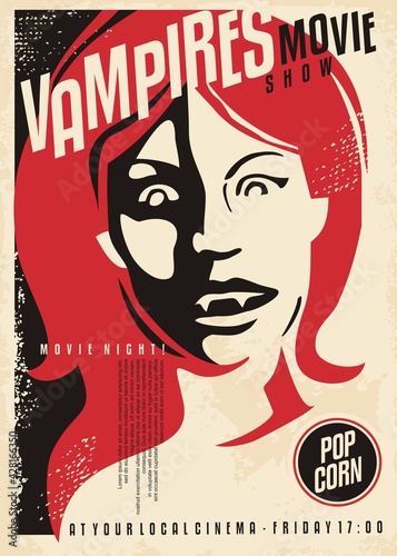 Vampires horror movie show retro cinema poster design on old paper texture. Vintage film poster with red hair female vampire portrait. Scary movies festival event vector flyer template.
