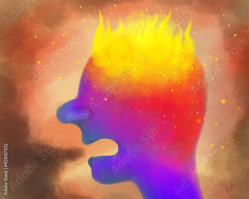 hand-drawn profile of a man. Anger and rage  irritation  fury. A head burning like a planet  a cry of anger  pain