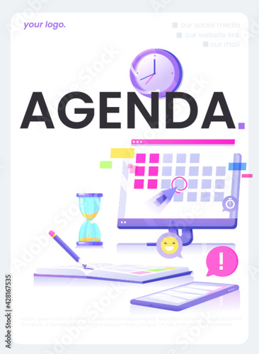 Agenda website concept flyer. The monitor screen with a calendar and daily notebook with pencil and phone with application. Vector illustration flat design