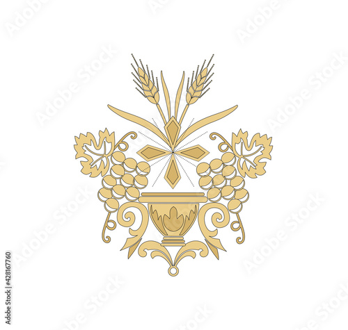 GOLD EMBROIDERY FOR LITURGICAL CLOTHES AND SACRED CEREMONIES. SACRED CATHOLIC SYMBOLS IN ANCIENT STYLE WITH GOLDEN DECORATIONS