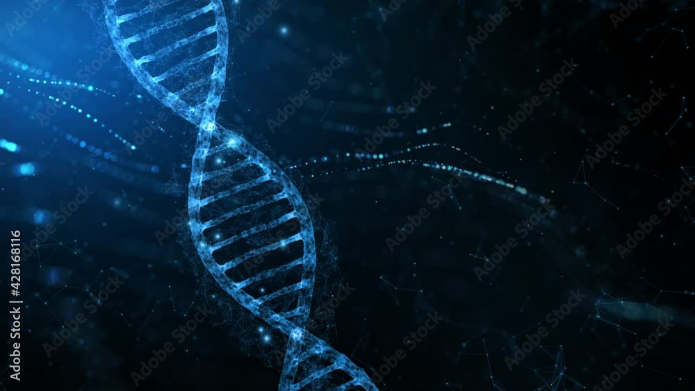 Shiny flickering 3d dna structure chain double helix with wavy abstract copy space animation background.