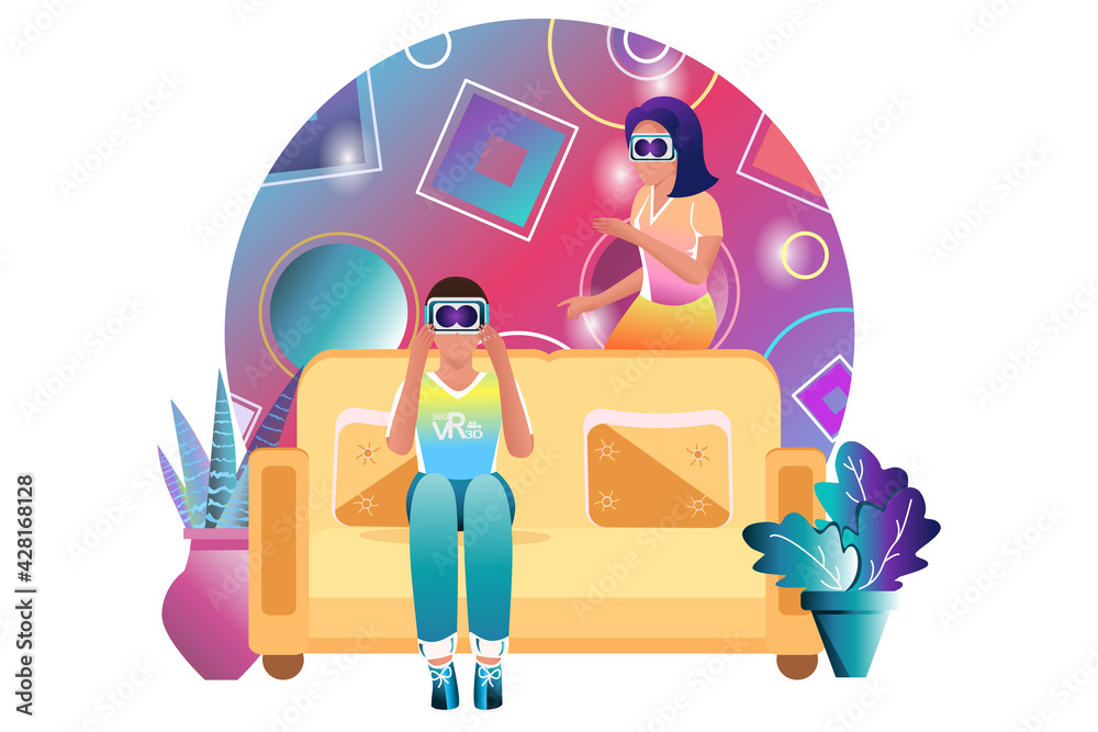 Virtual reality glasses. People are immersed in artificial life. The concept of the future, new technologies. Vector. Bright illustration in a flat style.