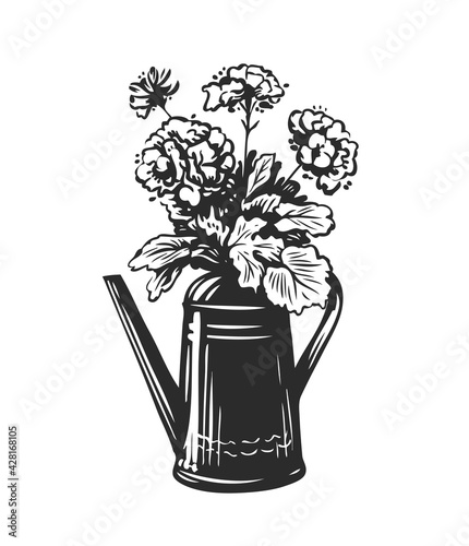 Bouquet of flowers in a watering can. Garden, gardening symbol vector Illustration