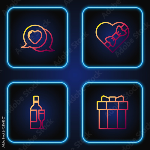 Set line Gift box, Champagne bottle, Heart in speech bubble and Candy heart shaped. Gradient color icons. Vector