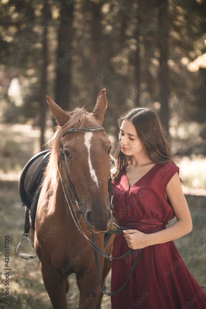 Fototapeta premium Portrait of a smiling young woman hugging her brown horse. A girl in a dress is standing near a horse. The concept of friendship between people and pets.