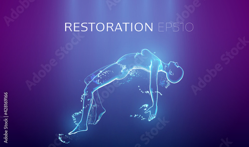Dive VR nude woman. Woman silhouette underwater dive to abyss. Virtual reality naked girl levitation. Recovery resurrection rise