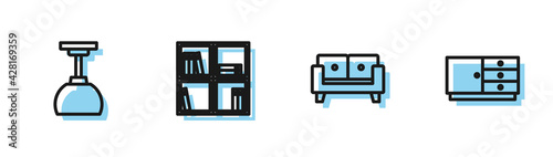 Set line Sofa, Lamp hanging, Shelf with books and Chest drawers icon. Vector