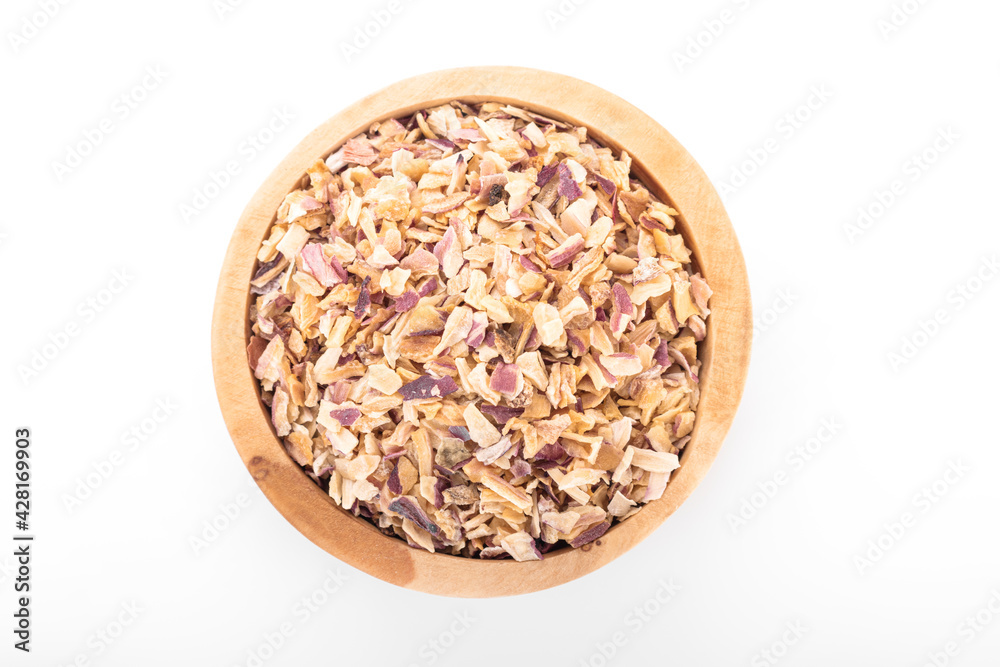 chopped scallion. chopped scallion in wooden bowl on white background. chopped scallion, dried Shallots Flakes, dry onion, onion flakes