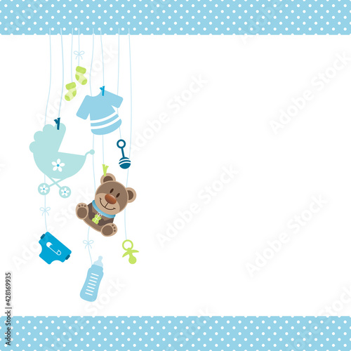 Links Hängender Brauner Teddy Und Babysymbole Junge Blau Grün Kanten Punkte